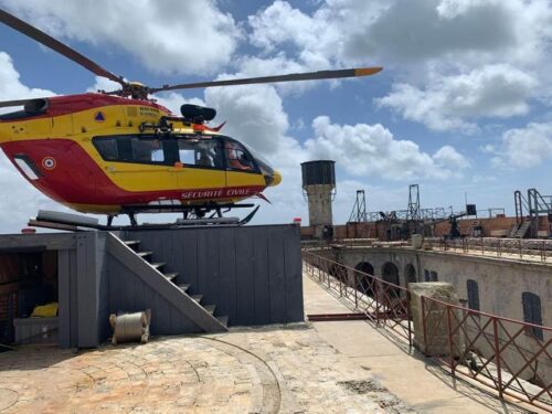 Heliport at Fort Boyard (Aerolighting products) with a Civil Security helicopter landed on it.