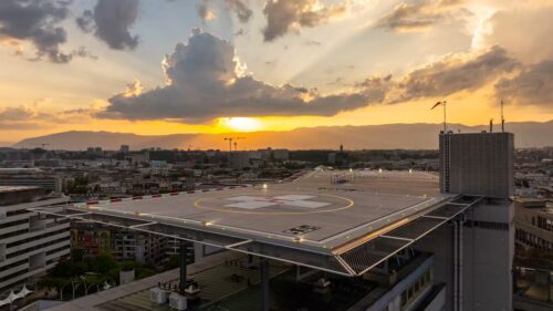 Photo of the HUG heliport in Geneva equipped with Aerolighting products.