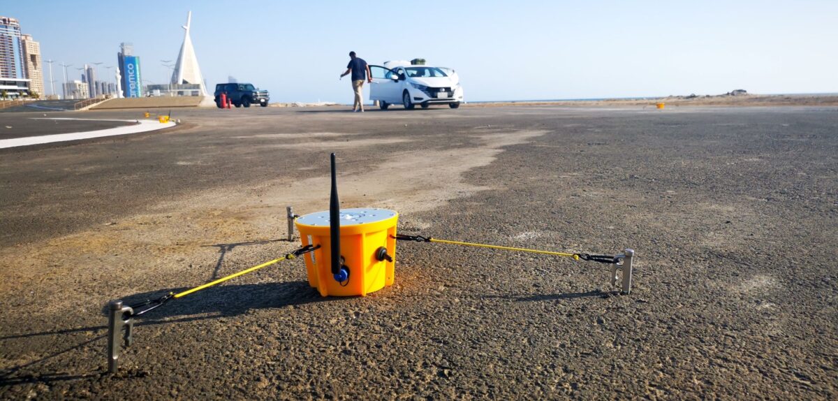 light from HeliCase (portable helipad lighting) installed on ground for a temporary helipad